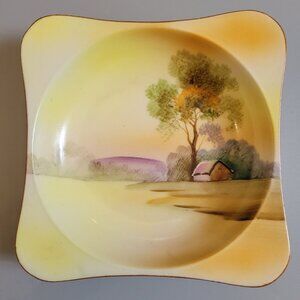 Hand-Painted Vintage Square Ceramic Bowl Japan With Cottage & Tree Scene 5 Inche